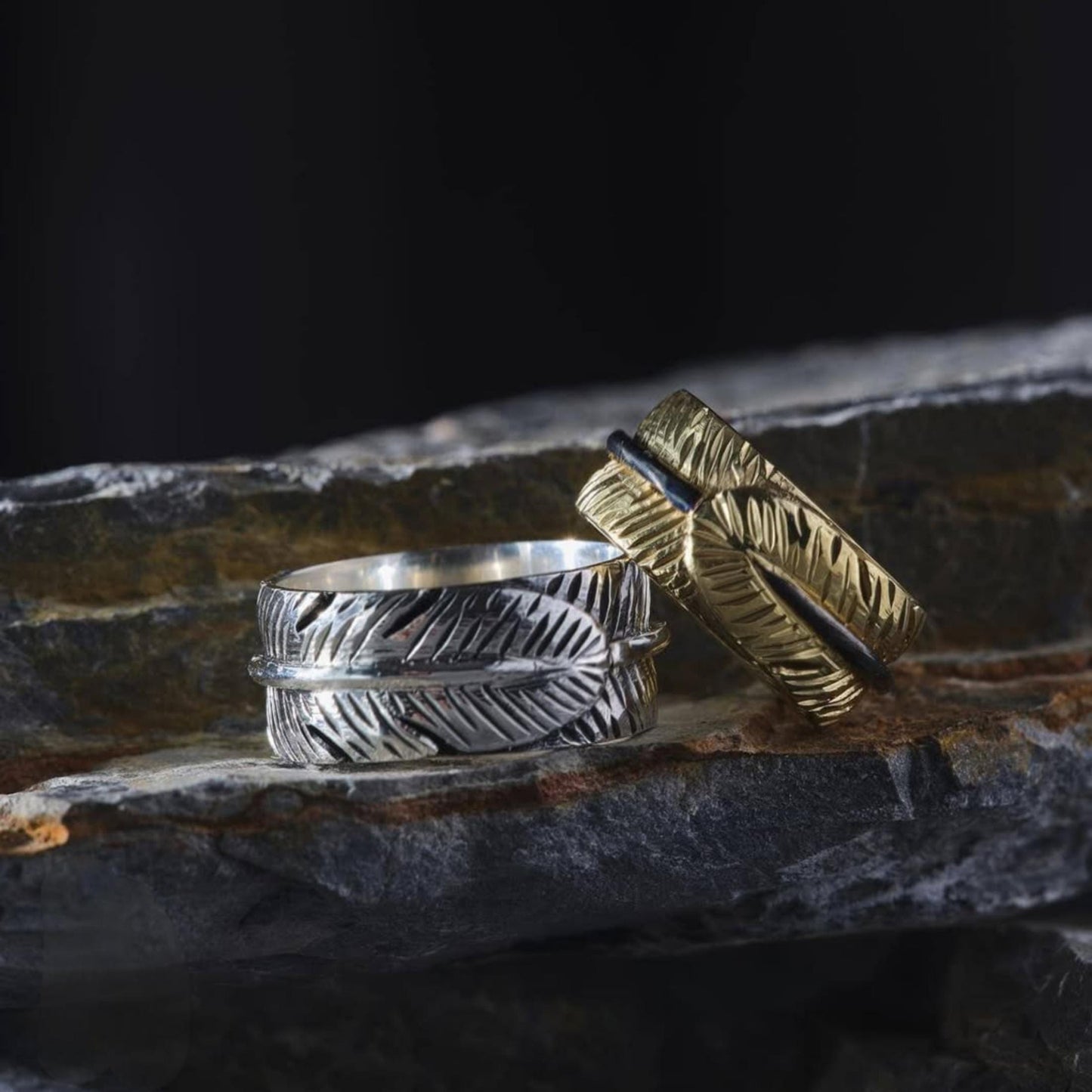 Feather Couple Rings 925 Sterling Silver Matching Bands OttomanHandmade His Her