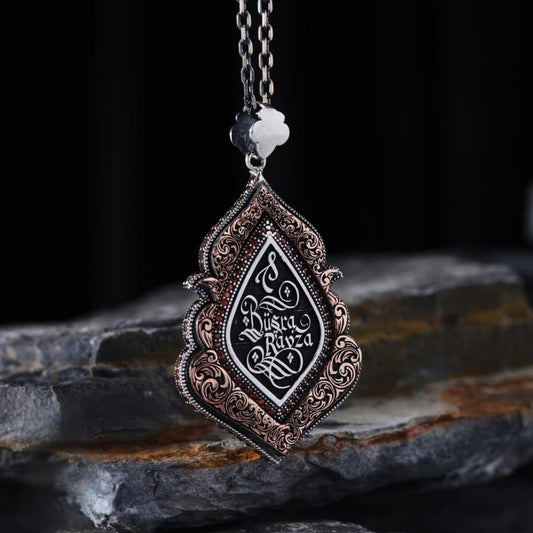 Name Necklace 925 Sterling Silver Arabic Calligraphy Seljuk Motif Red Zircon Personalized OttomanHandmade