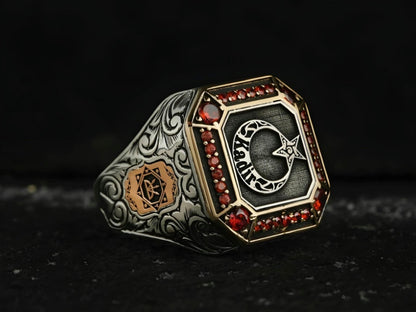 Oghuz Seal Ring 925 Sterling Silver Crescent Star Red Zircon Personalized OttomanMen