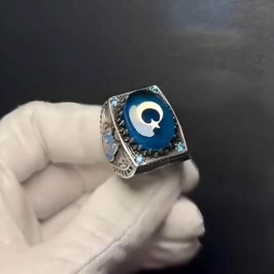 Blue Amber Wolf Style Sterling Silver Turkish Ring