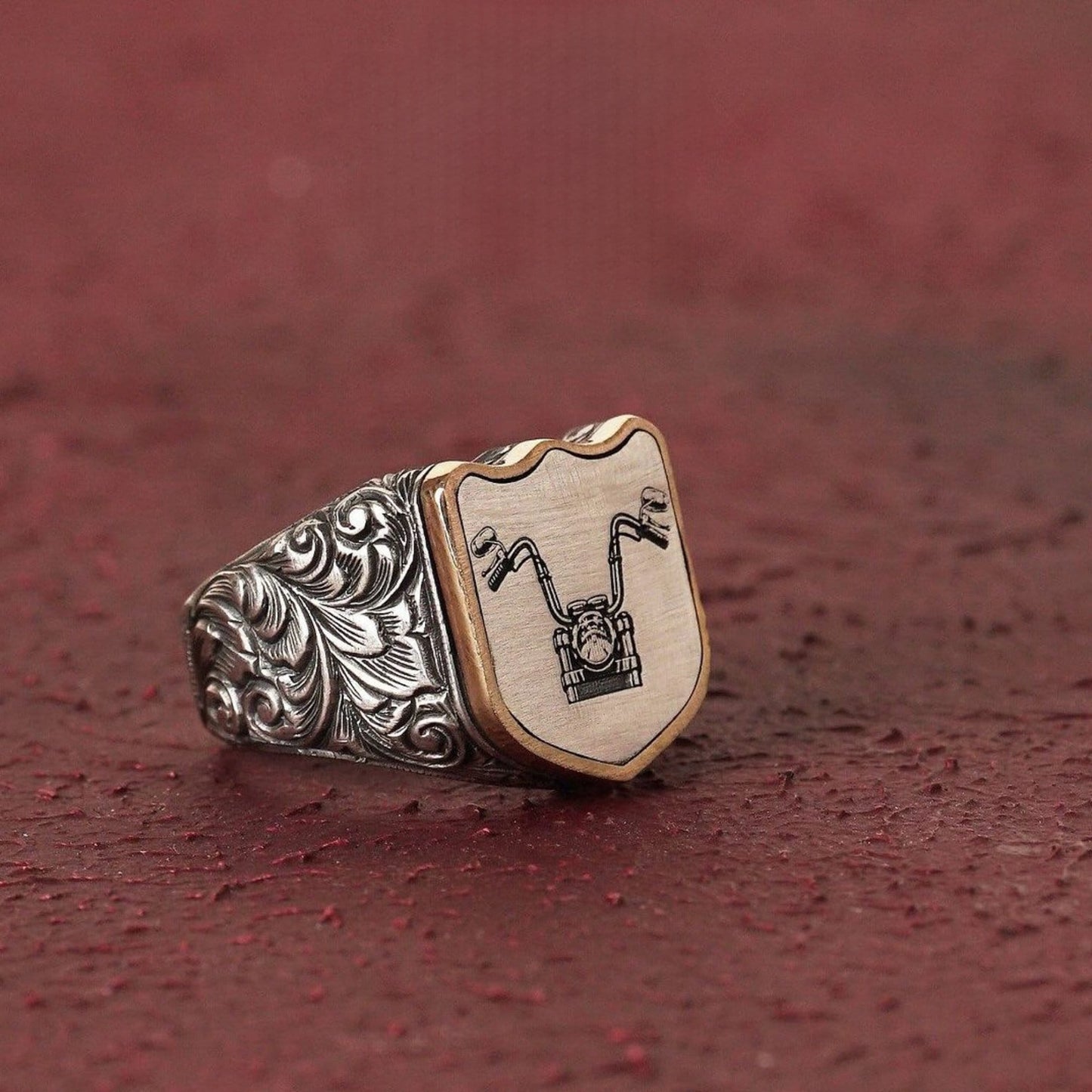 Motorcycle Biker Ring 925 Sterling Silver Hand Engraved