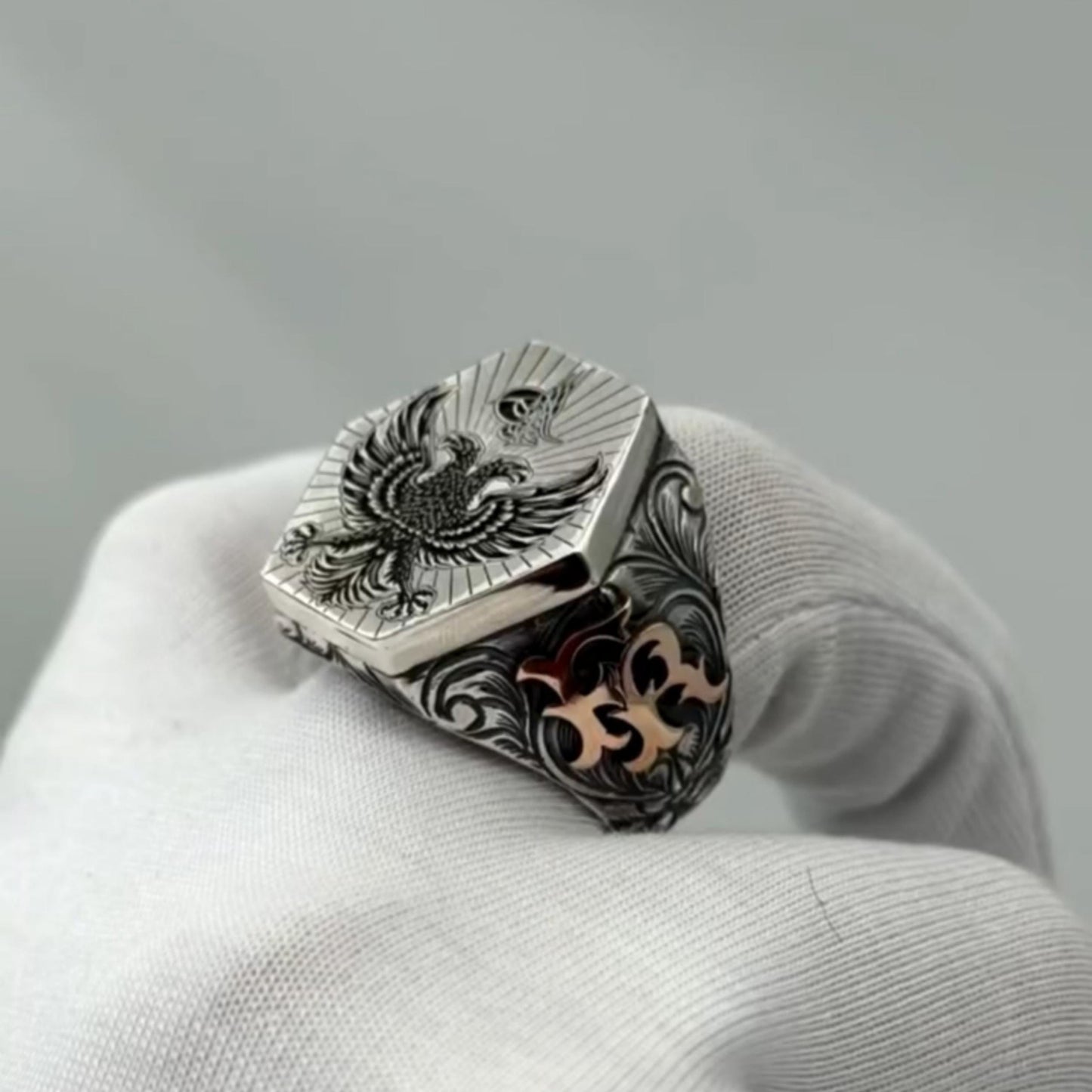 Osmanischer Tughra-Ring: Doppeladler, individuelles Monogramm aus Sterlingsilber