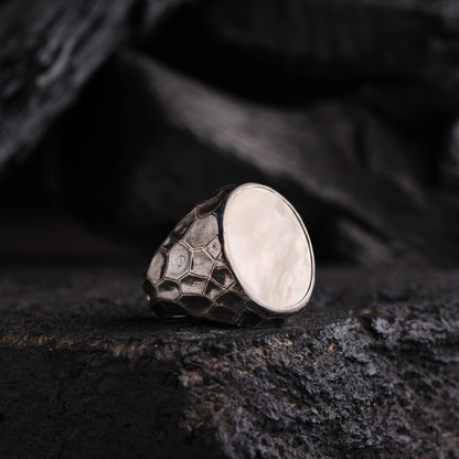 Mother of Pearl Sedef Stone 925 Sterling Silver Ring Wall Pattern Engraved Handcrafted