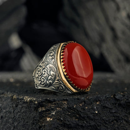 Brown Agate Ring 925 Silver Ottoman Engraved Men Handmade