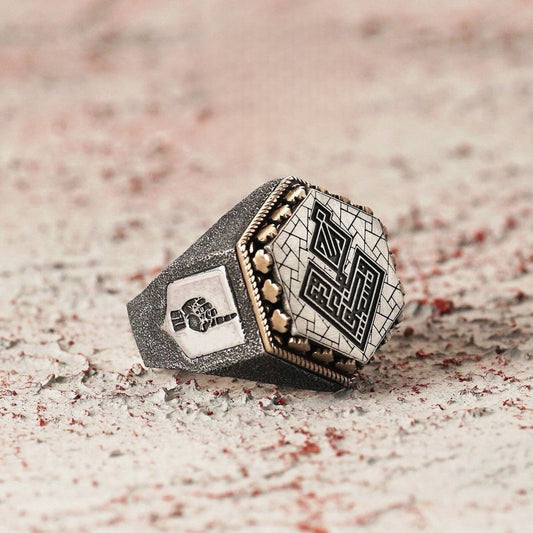Hexagonal Allah Ring 925 Silver Kufi Calligraphy Takbir Handmade
