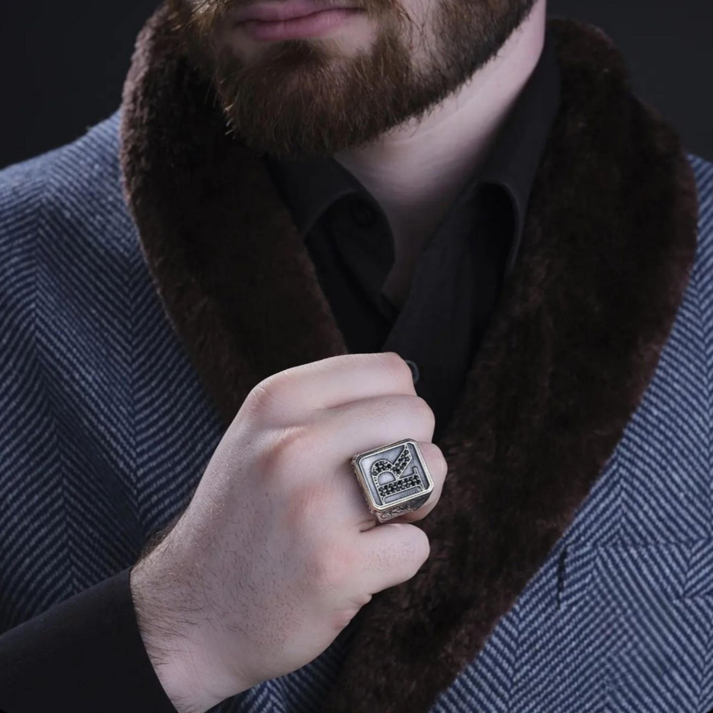 Custom Initial Signet Ring 925 Sterling Silver Rectangular Black Micro Zircon Handcrafted