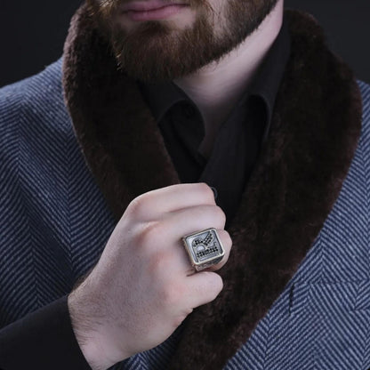 Custom Initial Signet Ring 925 Sterling Silver Rectangular Black Micro Zircon Handcrafted