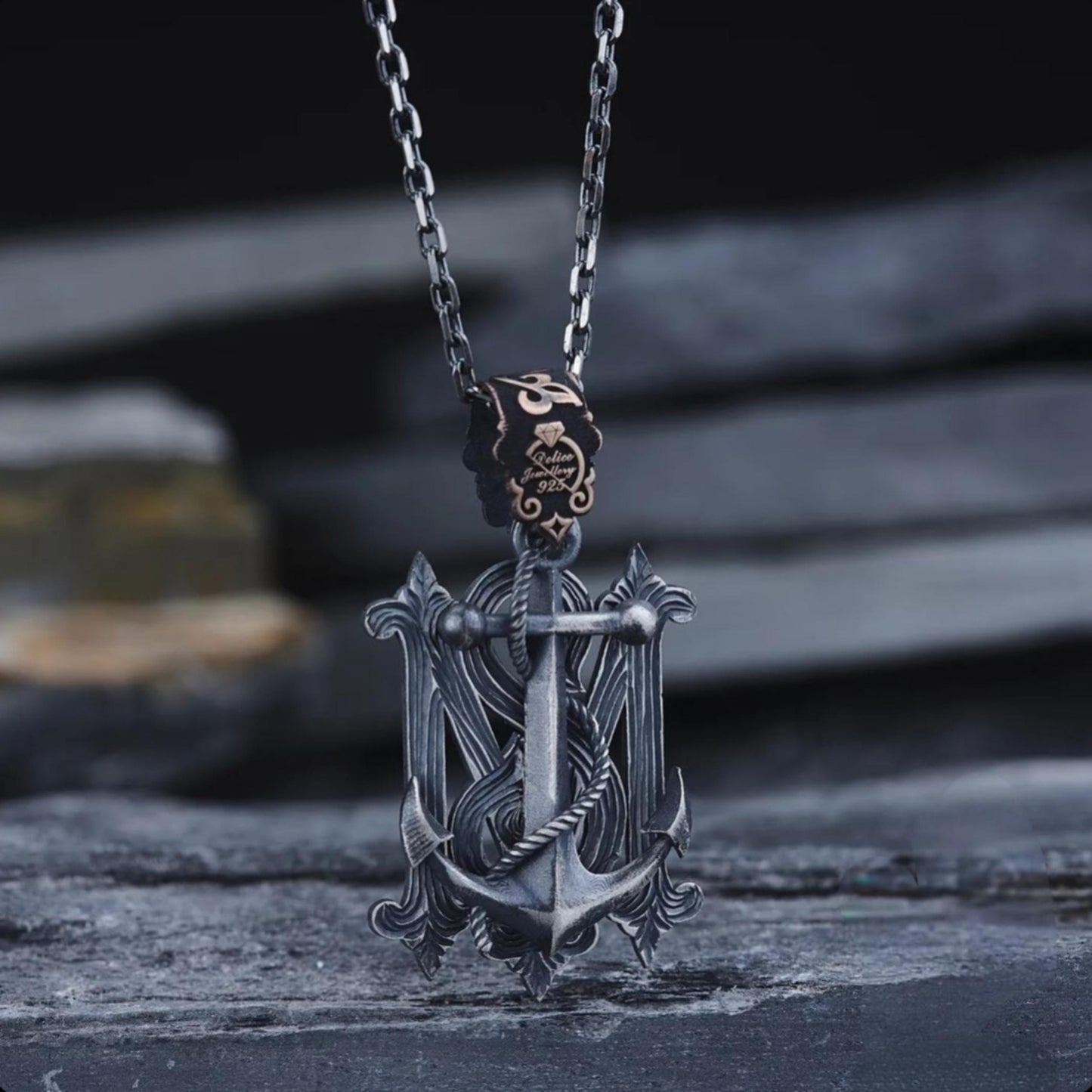 Anchor Necklace 925 Silver Men Personalized Initial Oxidized