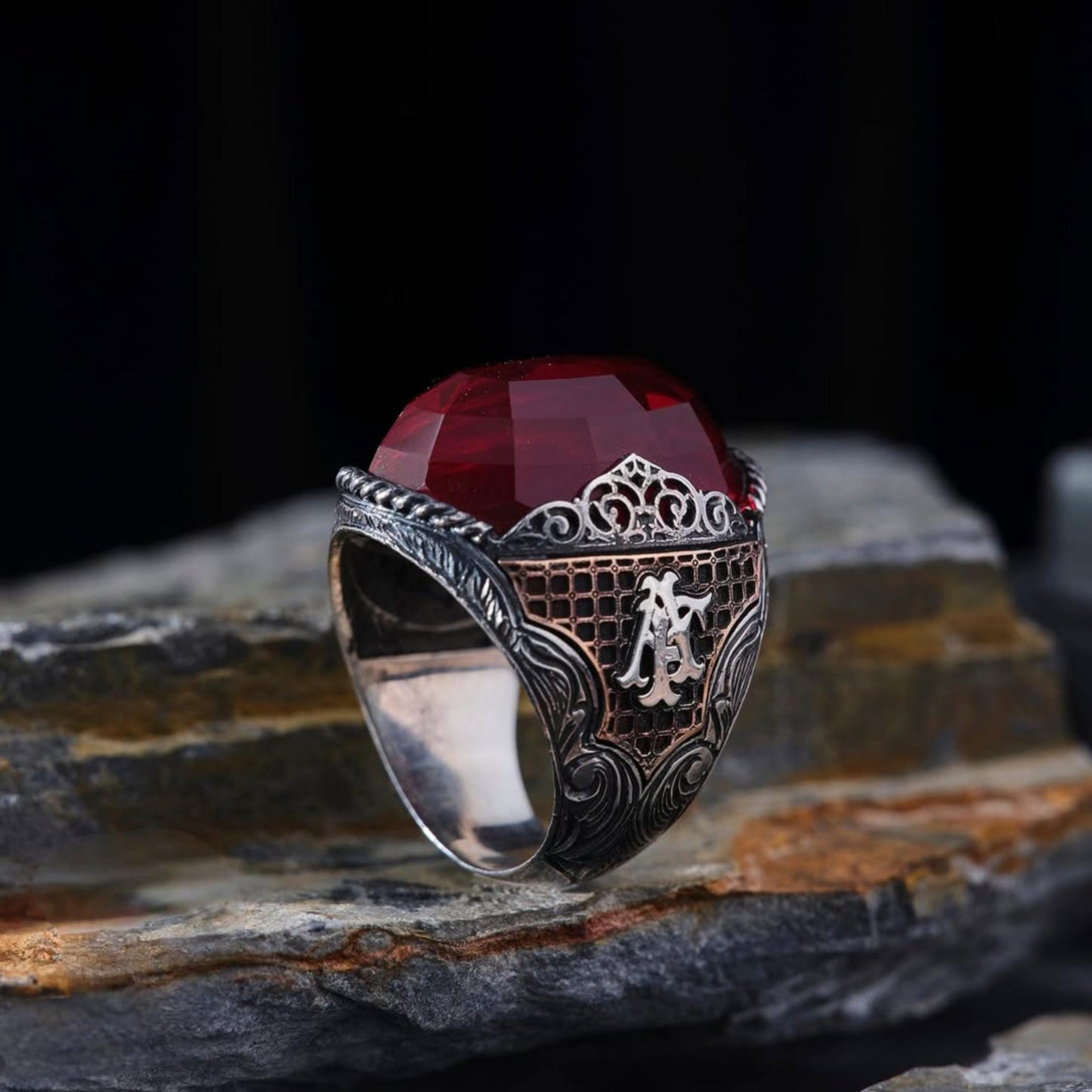 Red Zircon Ring 925 Sterling Silver Zindan Motif Custom Initials OttomanHandmade Men