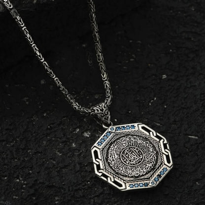 Octagonal Medallion Necklace 925 Sterling Silver Blue Topaz Arabic Calligraphy Personalized OttomanHandmade