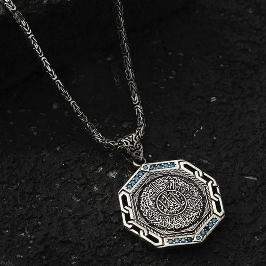 Octagonal Medallion Necklace 925 Sterling Silver Blue Topaz Arabic Calligraphy Personalized OttomanHandmade