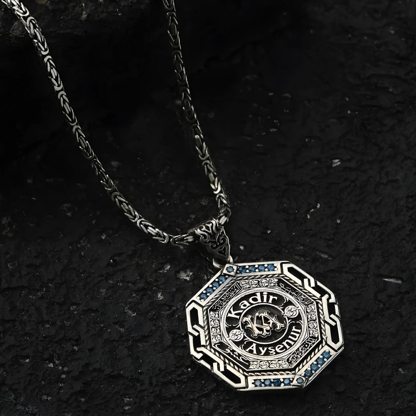 Octagonal Medallion Necklace 925 Sterling Silver Blue Topaz Arabic Calligraphy Personalized OttomanHandmade