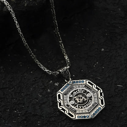 Octagonal Medallion Necklace 925 Sterling Silver Blue Topaz Arabic Calligraphy Personalized OttomanHandmade