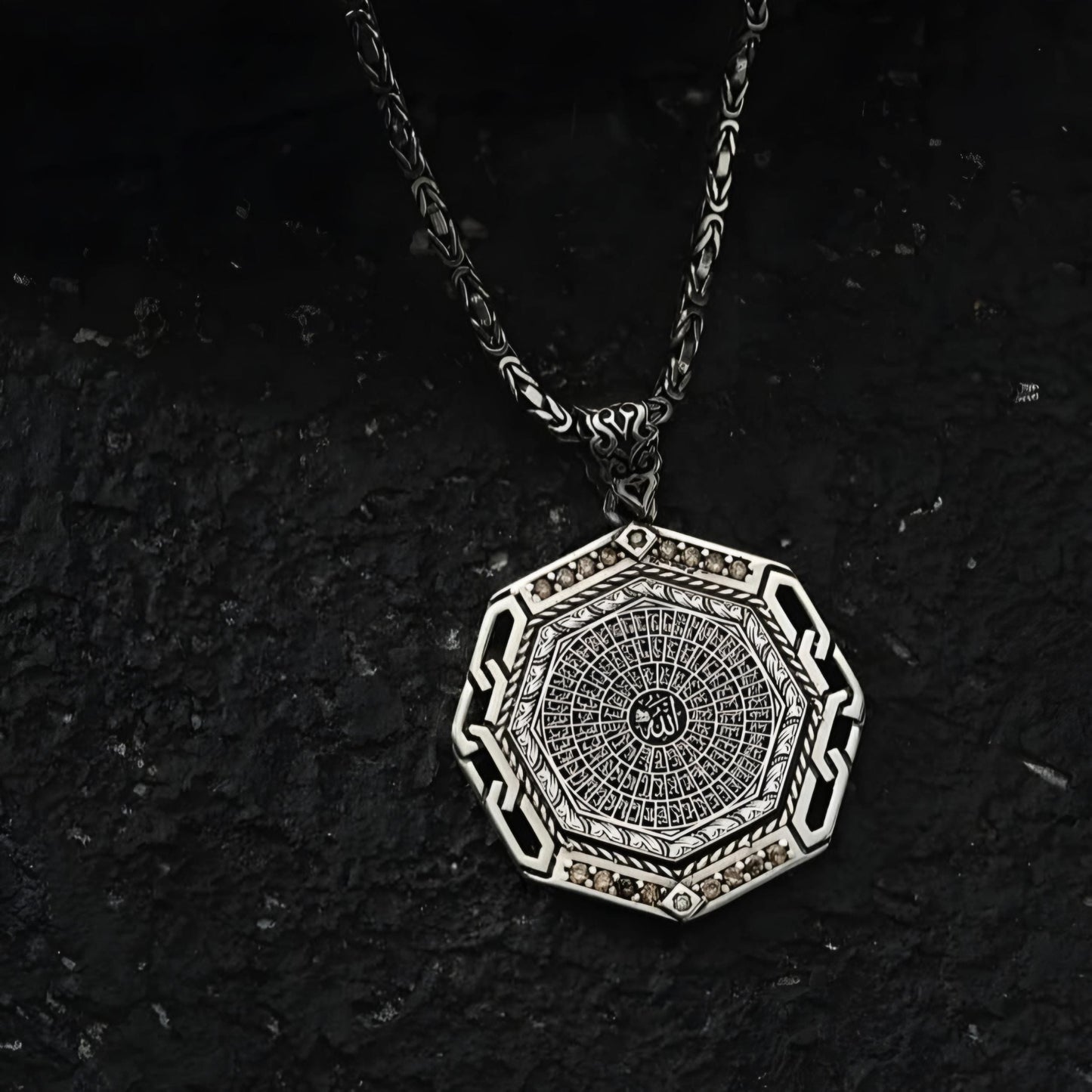 Octagonal Medallion Necklace 925 Sterling Silver Quran Surahs Esmaül Hüsna Citrine Personalized OttomanHandmade
