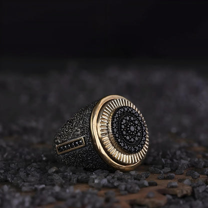 Textured Black Zircon 925 Sterling Silver Ring Modern Statement Men's