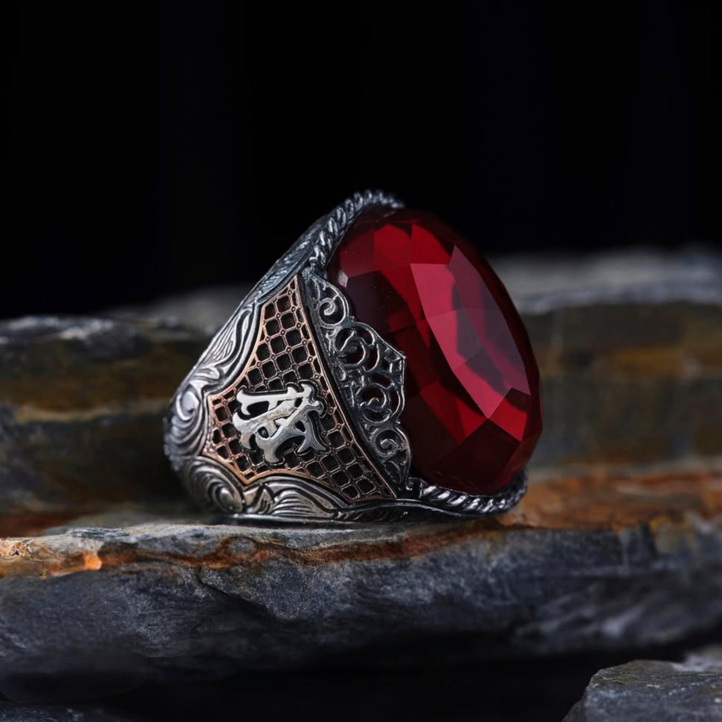 Red Zircon Ring 925 Sterling Silver Zindan Motif Custom Initials OttomanHandmade Men