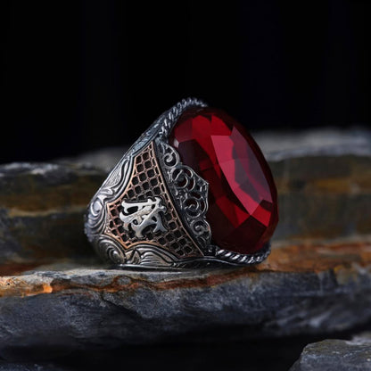 Red Zircon Ring 925 Sterling Silver Zindan Motif Custom Initials OttomanHandmade Men