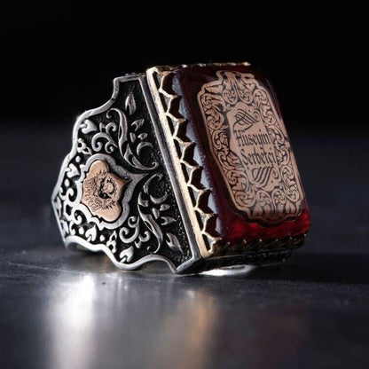 Red Amber Rectangle Ring 925 Sterling Silver OttomanHandmade Men Personalized