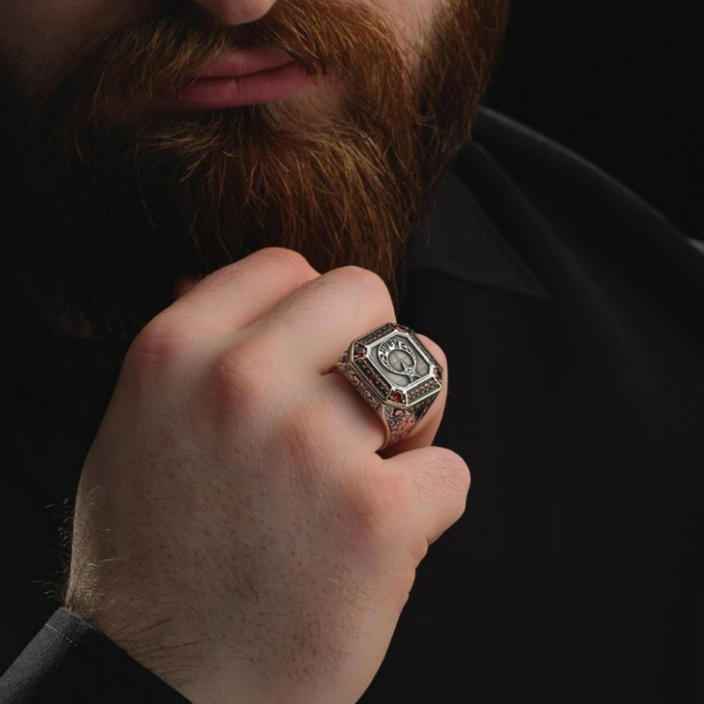 Oghuz Seal Ring 925 Sterling Silver Crescent Star Red Zircon Personalized OttomanMen