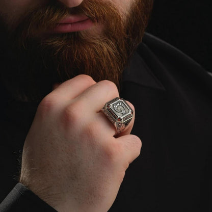 Oghuz Seal Ring 925 Sterling Silver Crescent Star Red Zircon Personalized OttomanMen