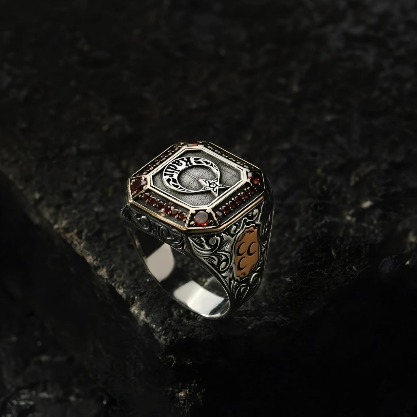 Oghuz Seal Ring 925 Sterling Silver Crescent Star Red Zircon Personalized OttomanMen
