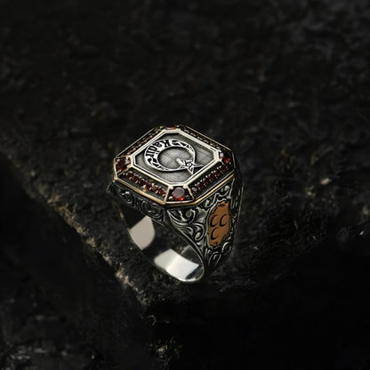 Oghuz Seal Ring 925 Sterling Silver Crescent Star Red Zircon Personalized OttomanMen