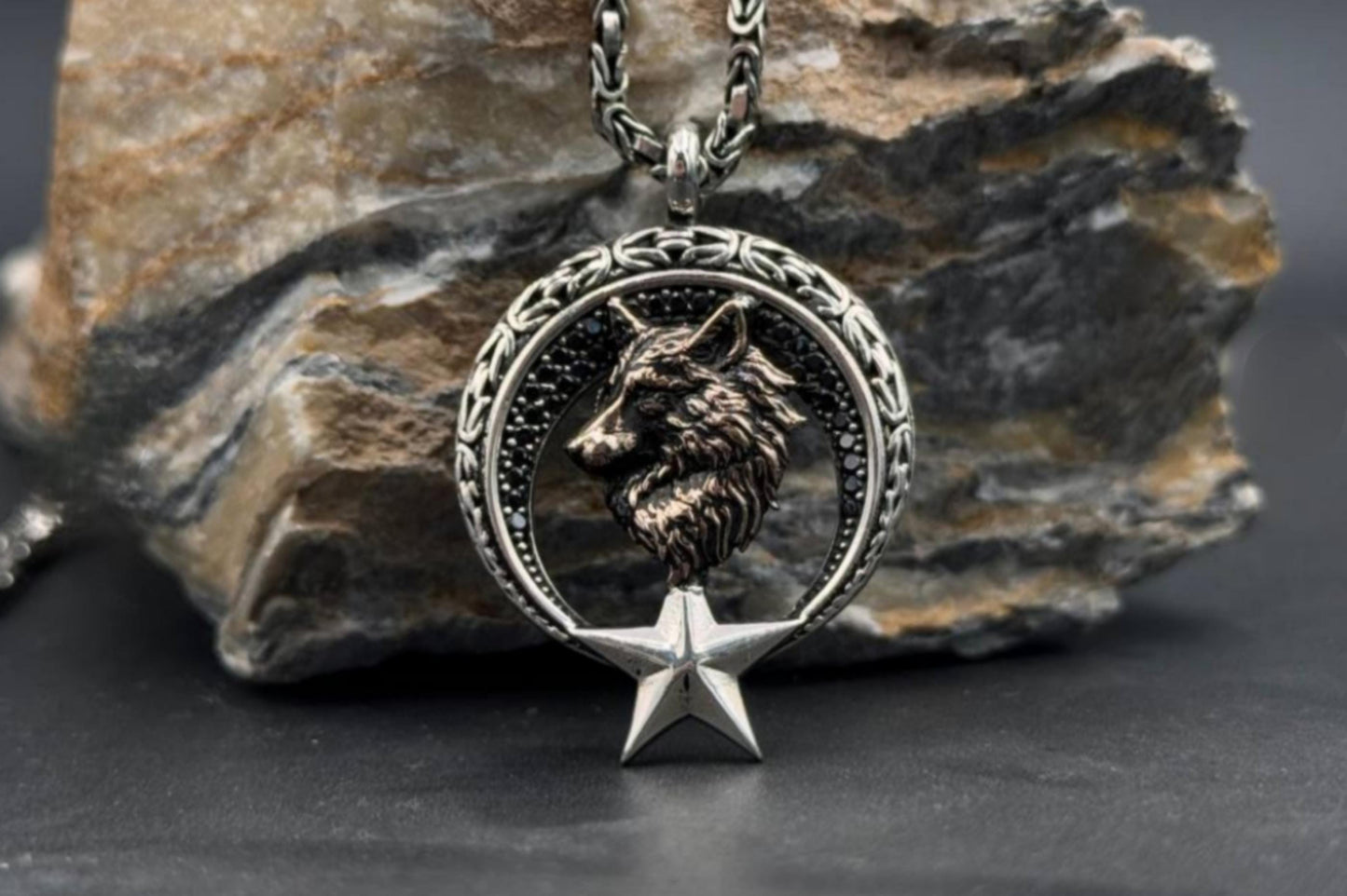 Halskette mit türkischem Wolfs-Halbmond-Stern-Anhänger – 925er Silber, Mikro-Zirkonia