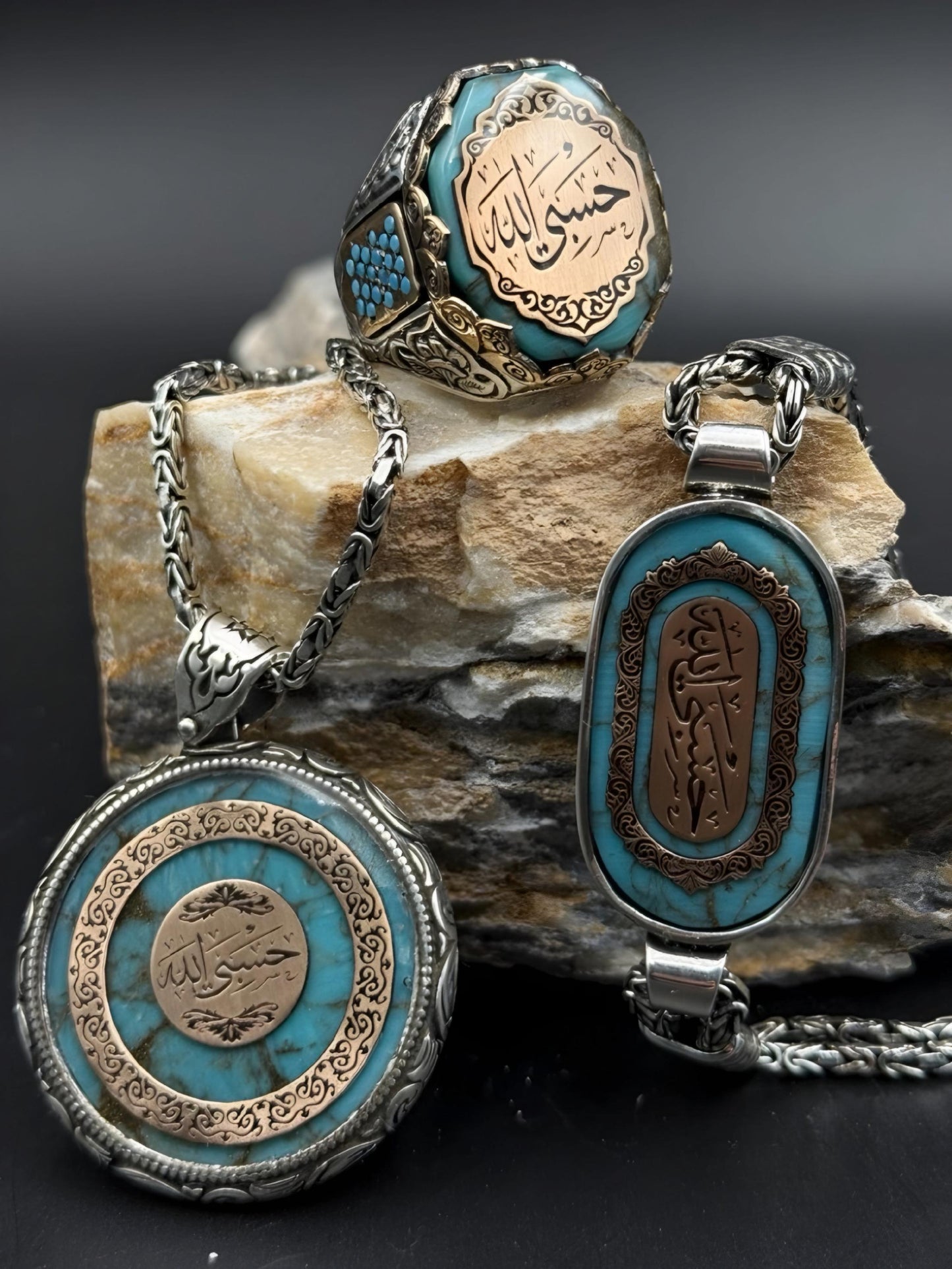 Hasbiyallah 3-Piece Set – 925 Sterling Silver Ring, Bracelet & Medallion Necklace