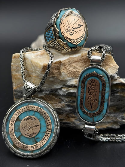 Hasbiyallah 3-Piece Set – 925 Sterling Silver Ring, Bracelet & Medallion Necklace