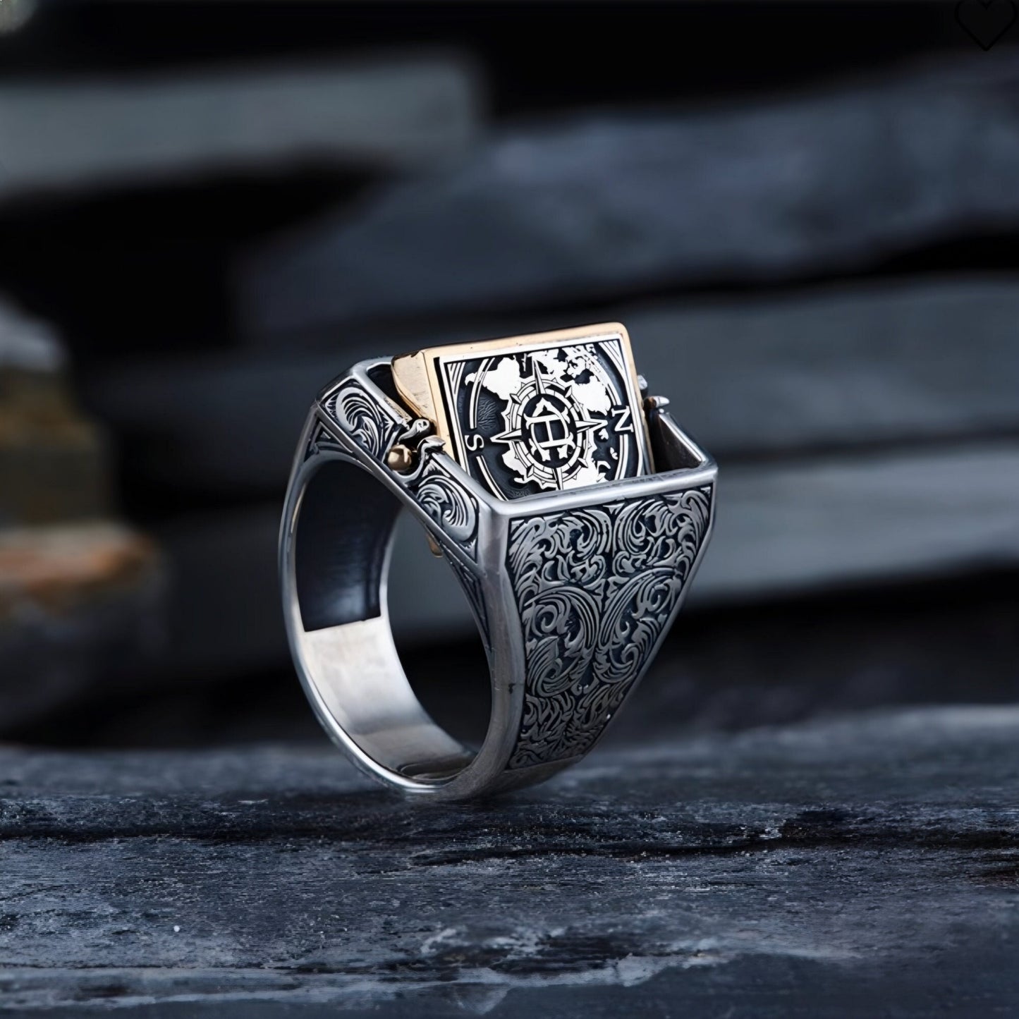 Double-Sided Rotating Compass Ring 925 Sterling Silver Custom Names Handcrafted