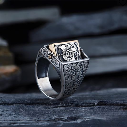 Double-Sided Rotating Compass Ring 925 Sterling Silver Custom Names Handcrafted