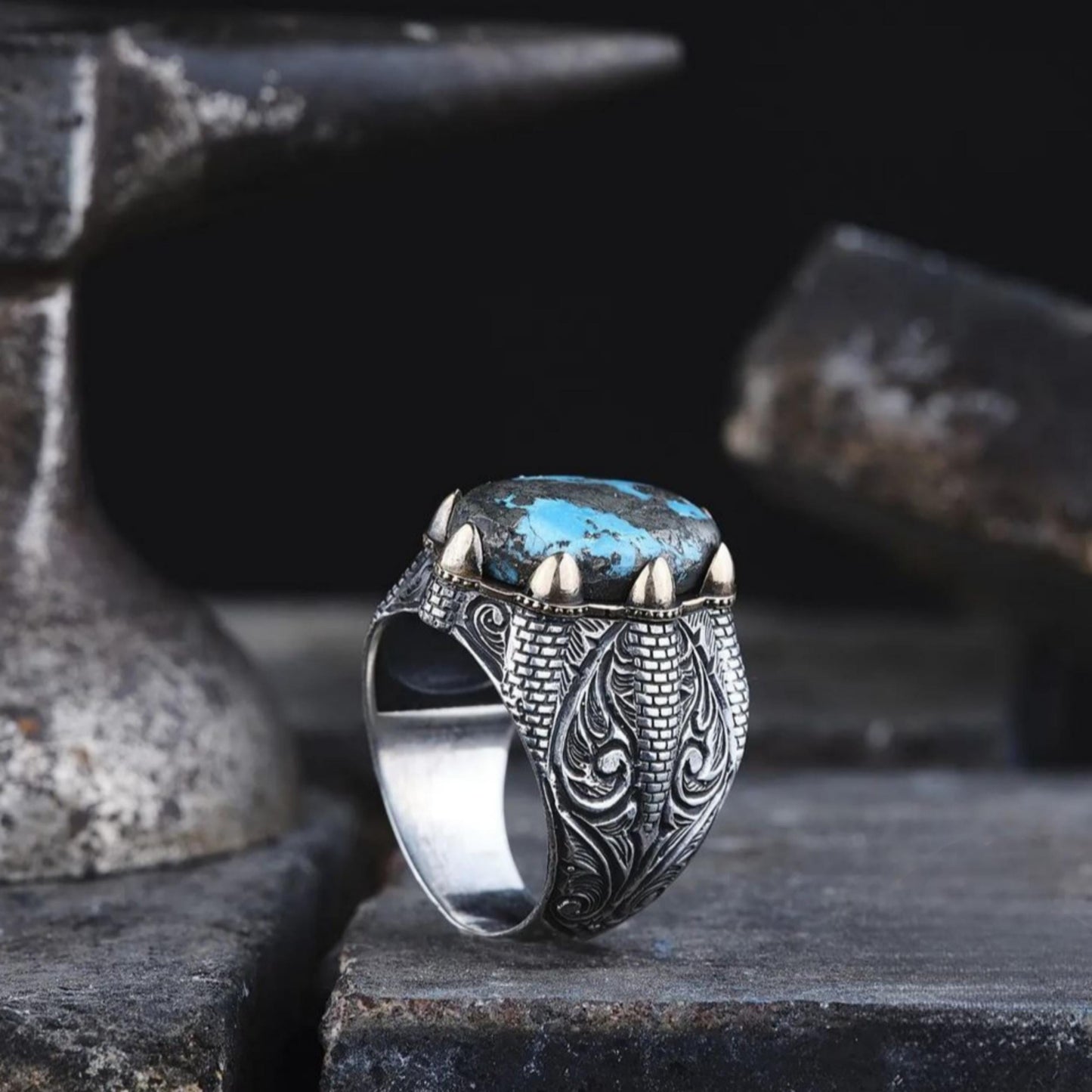Turquoise 925 Sterling Silver Men's Ring Handcrafted Engraved Claw Setting