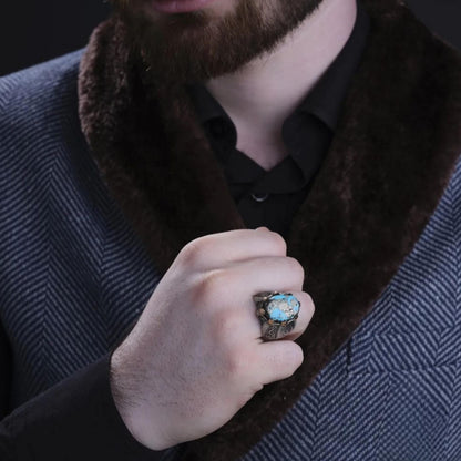 Turquoise 925 Sterling Silver Men's Ring Handcrafted Engraved Claw Setting
