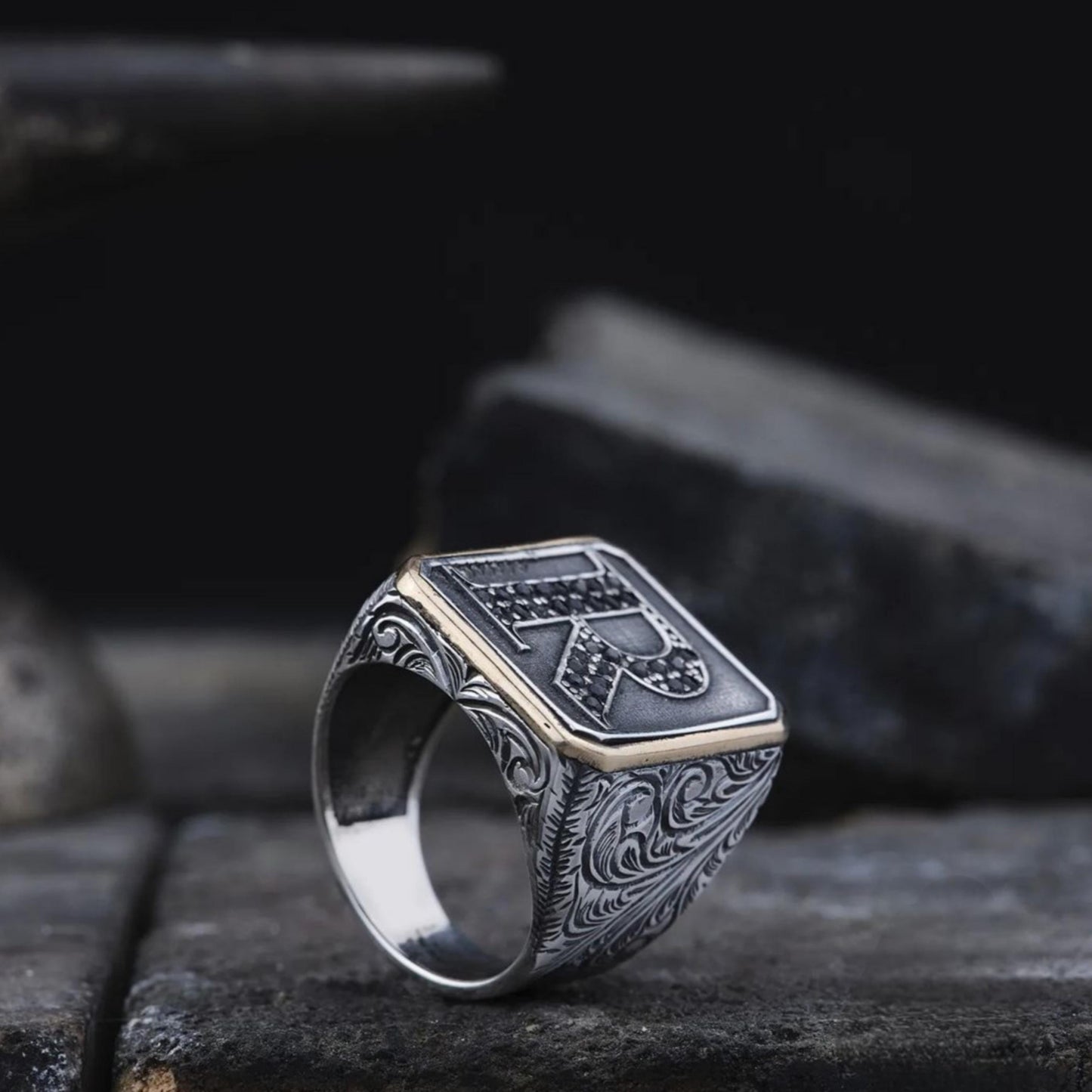 Custom Initial Signet Ring 925 Sterling Silver Rectangular Black Micro Zircon Handcrafted