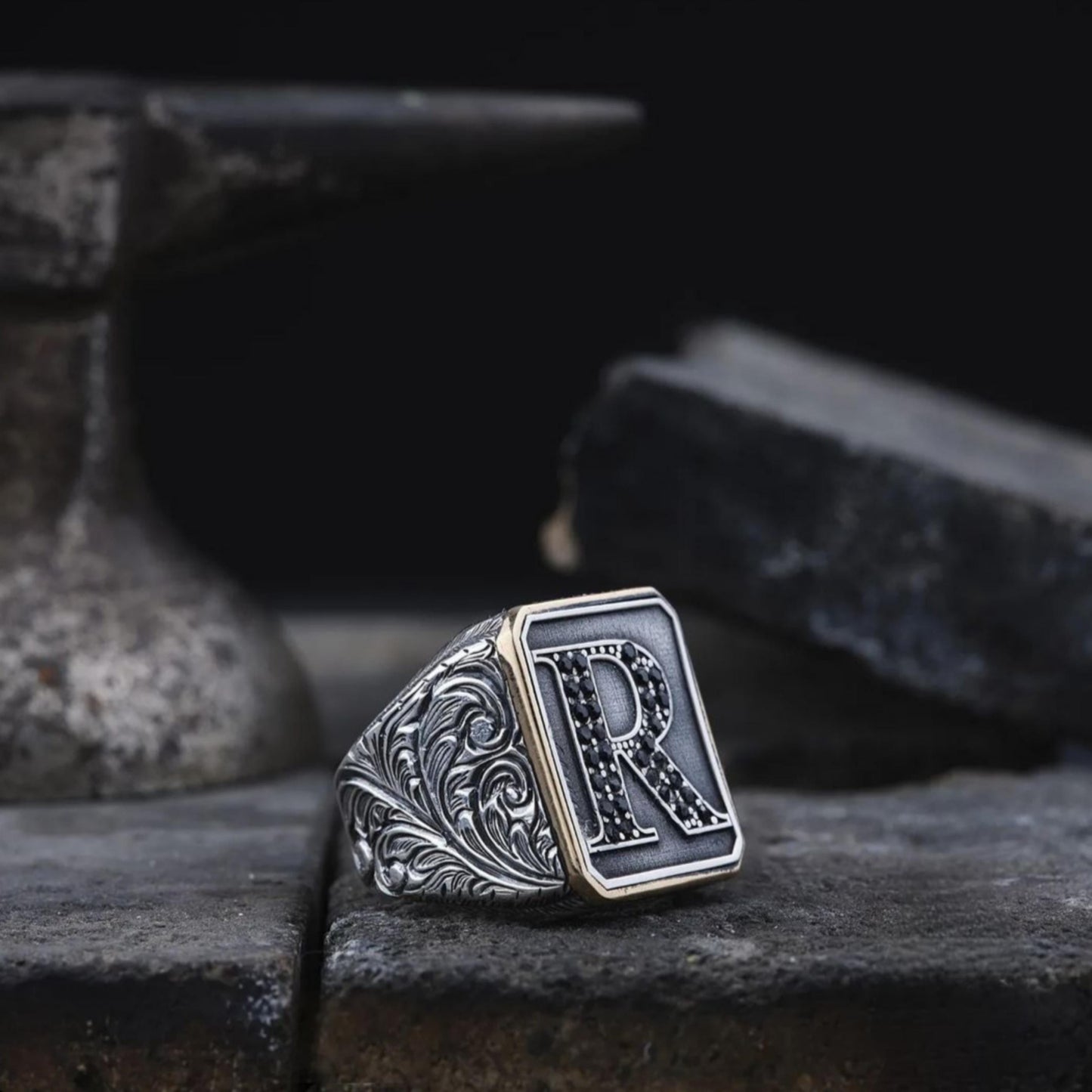 Custom Initial Signet Ring 925 Sterling Silver Rectangular Black Micro Zircon Handcrafted