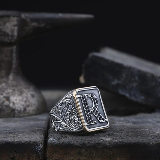Custom Initial Signet Ring 925 Sterling Silver Rectangular Black Micro Zircon Handcrafted