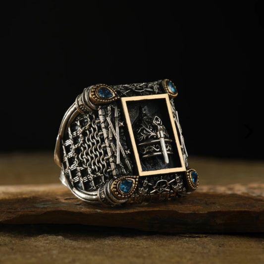 OttomanConquest Helmet 925 Sterling Silver Men's Ring Blue Zircon 3D Handcrafted