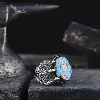 Turquoise 925 Sterling Silver Men's Ring Handcrafted Engraved Claw Setting