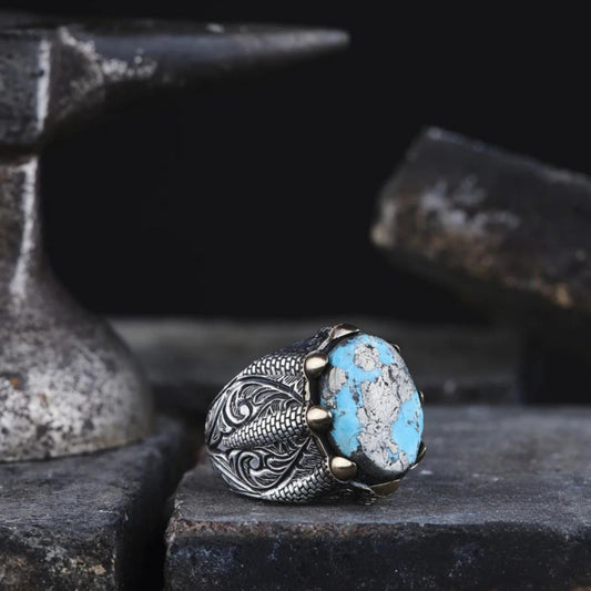 Turquoise 925 Sterling Silver Men's Ring Handcrafted Engraved Claw Setting