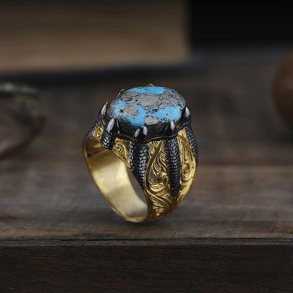 Natural Stone 925 Sterling Silver Men's Ring Gold Claw Setting Handcrafted