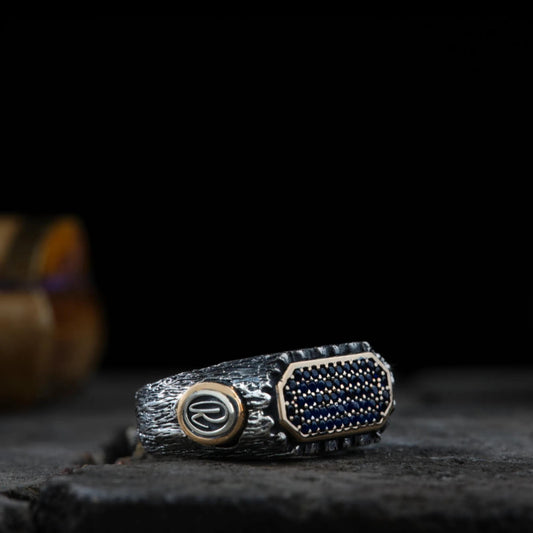 Tree Bark 925 Sterling Silver Ring Navy Blue Zircon Custom Initials Handcrafted