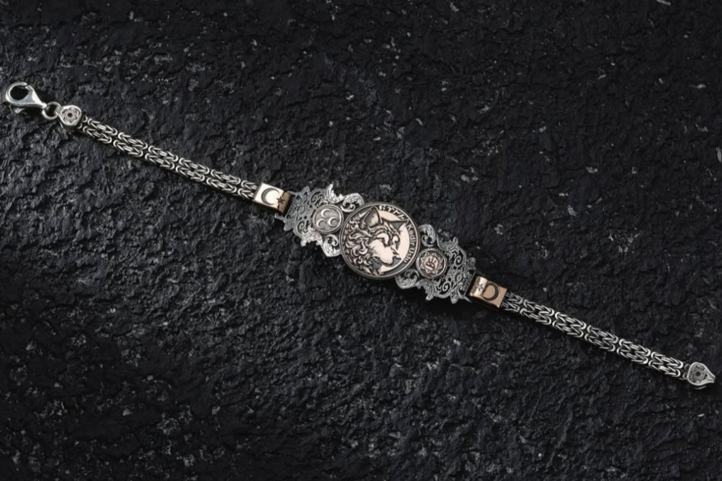 Bozkurt Spirit 925 Sterling Silver Bracelet Personalized Wolf Design Göktürk Script Turkish Cuff