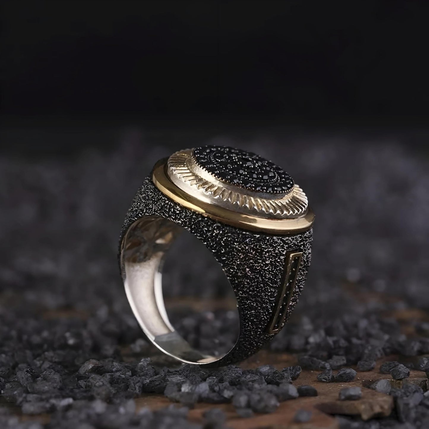 Textured Black Zircon 925 Sterling Silver Ring Modern Statement Men's