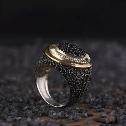 Textured Black Zircon 925 Sterling Silver Ring Modern Statement Men's