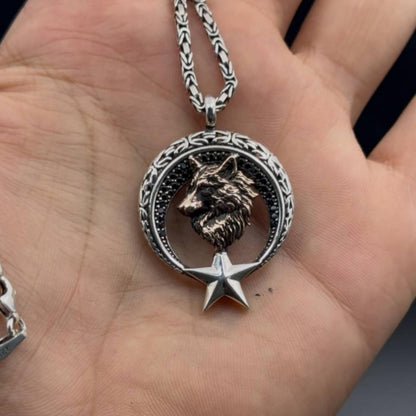 Halskette mit türkischem Wolfs-Halbmond-Stern-Anhänger – 925er Silber, Mikro-Zirkonia