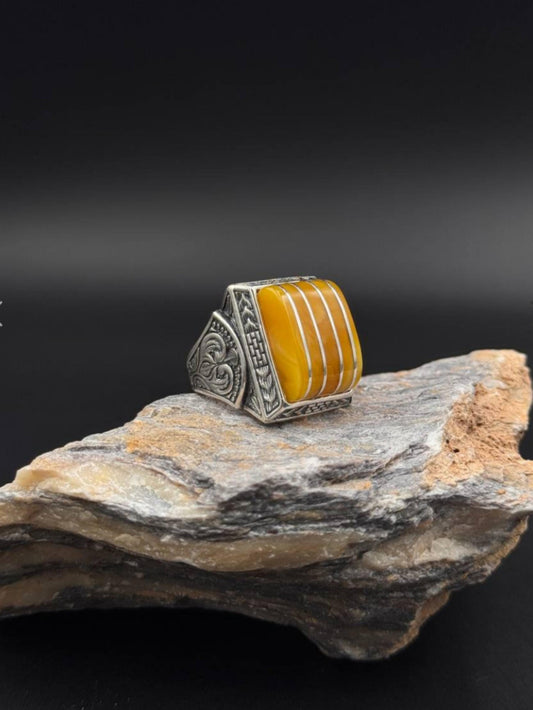 Yellow Amber Ring – 925 Sterling Silver Unisex | Islamic Motif