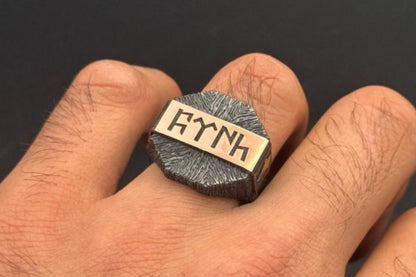 Gökturk TURK Script Ring – Wolf & Crescent 925 Silver | Men's Ring
