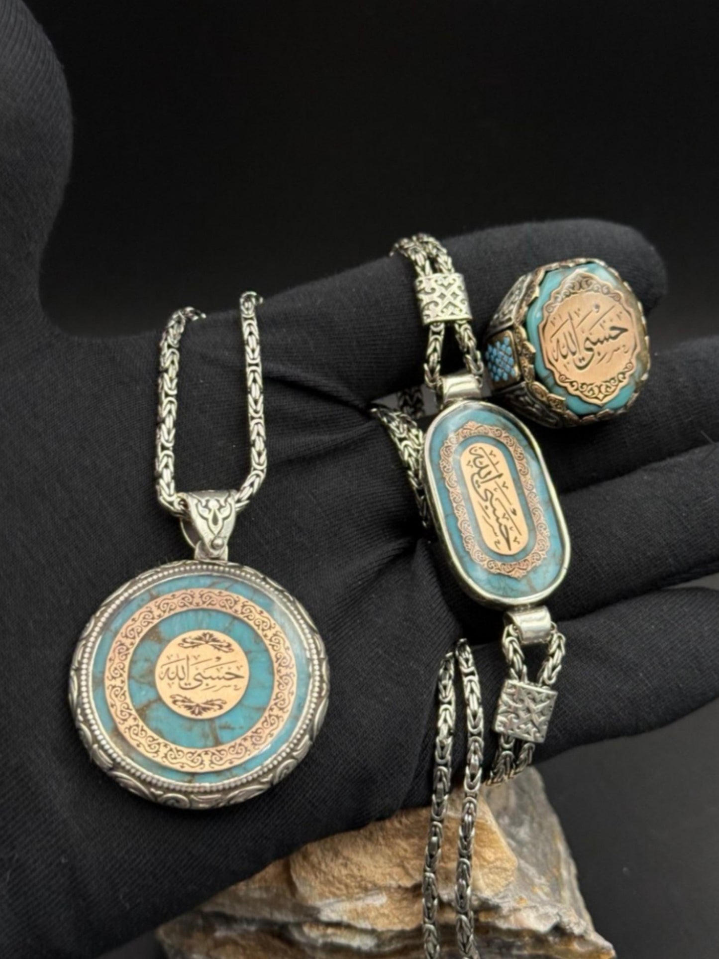 Hasbiyallah 3-Piece Set – 925 Sterling Silver Ring, Bracelet & Medallion Necklace