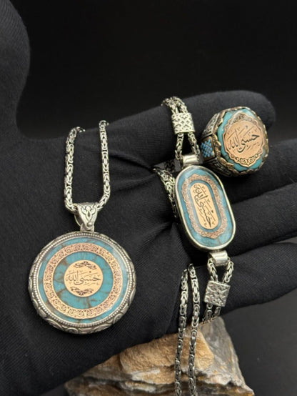 Hasbiyallah 3-Piece Set – 925 Sterling Silver Ring, Bracelet & Medallion Necklace