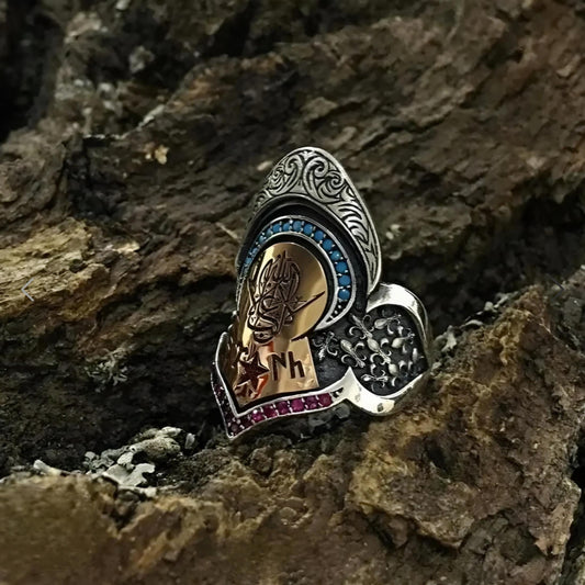 OttomanZihgir Archer's Ring – Red Zircon & Turquoise | 925 Silver Thumb Ring